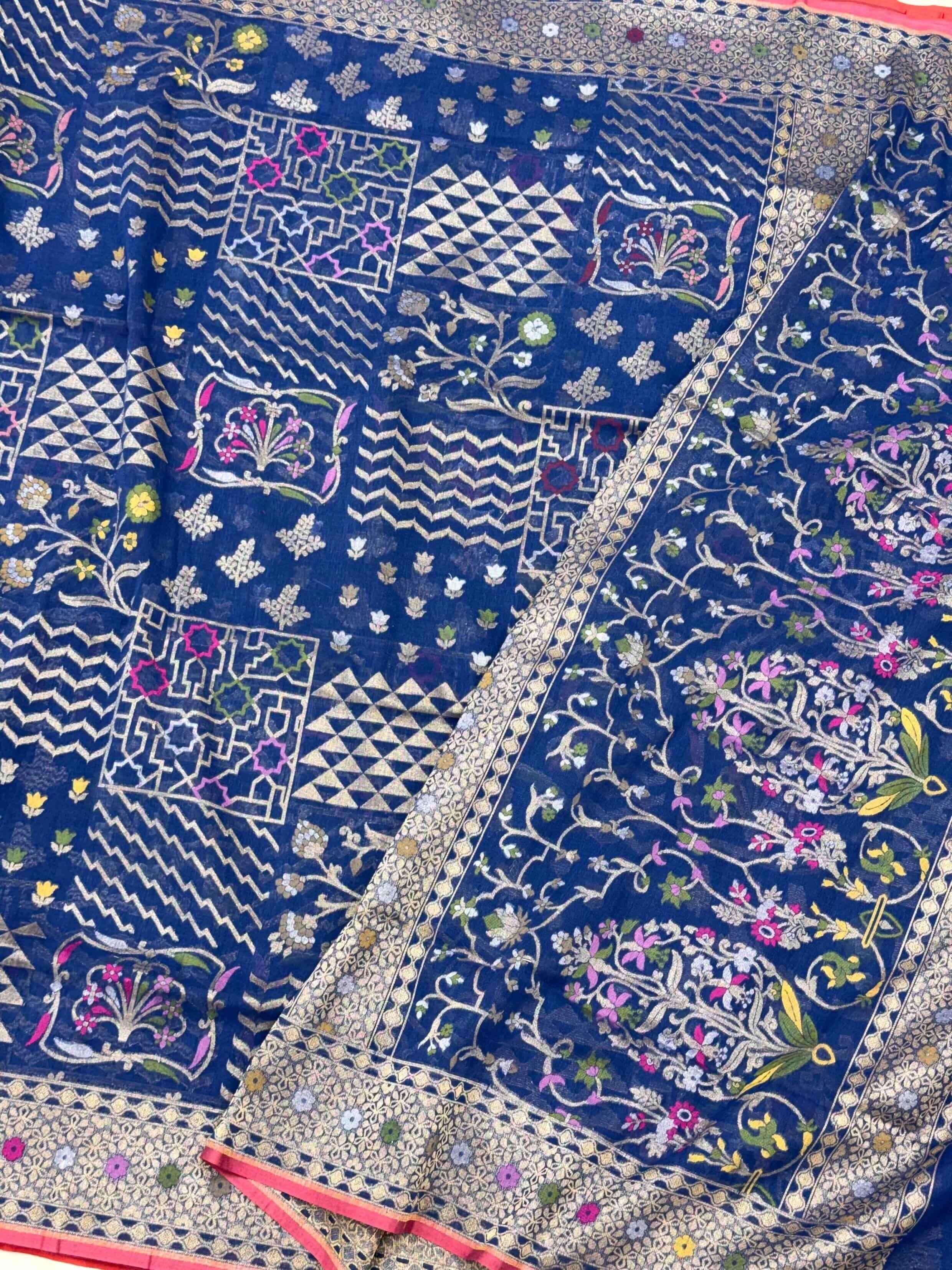 Blue Handloom Banarasi Saree With Ektara Weave - Pure Muslin Cotton Jamdani Saree