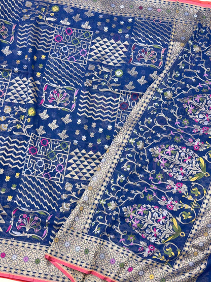 Blue Handloom Banarasi Saree With Ektara Weave - Pure Muslin Cotton Jamdani Saree