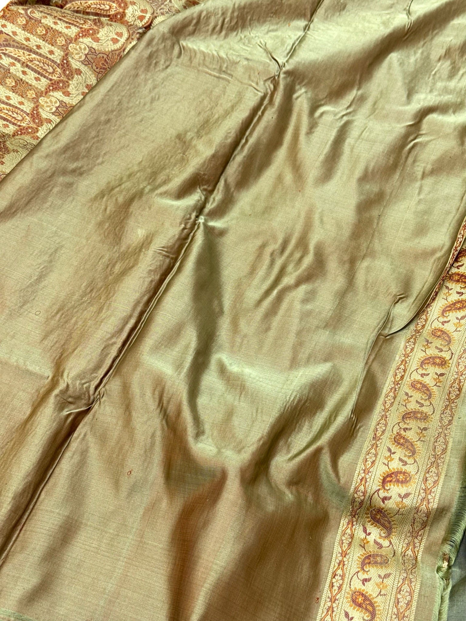 Sage Green Pure Satin Silk Handwoven Banarasi Saree |Tanchoi|