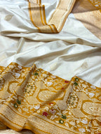 Ivory/Mustard Yellow Pure Mulberry Katan Silk & Satin border Handwoven Banarasi Saree