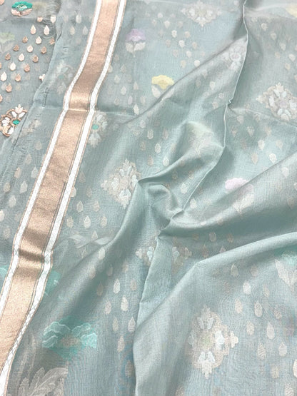 Dusty Sea Blue Pure Mulberry Kora ( Organza ) Silk Ektara Jamdani Handloom Contemporary Banarasi Lightweight Saree