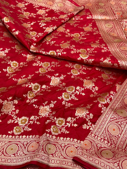 Red Pure Katan Silk & Mulberry Silk Handloom Banarasi Meenakari Saree