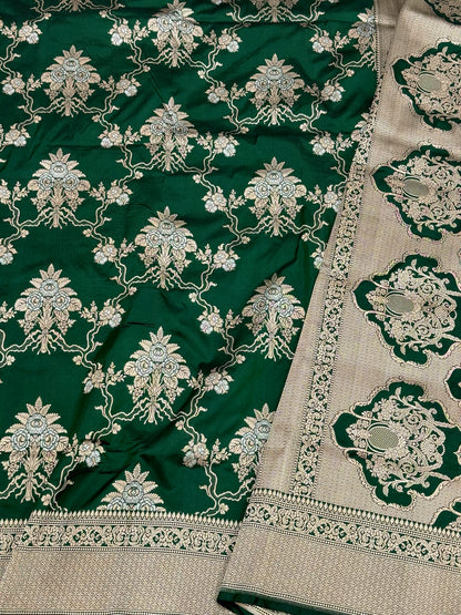 Bottle Green Pure Katan Silk Handloom Banarasi Saree