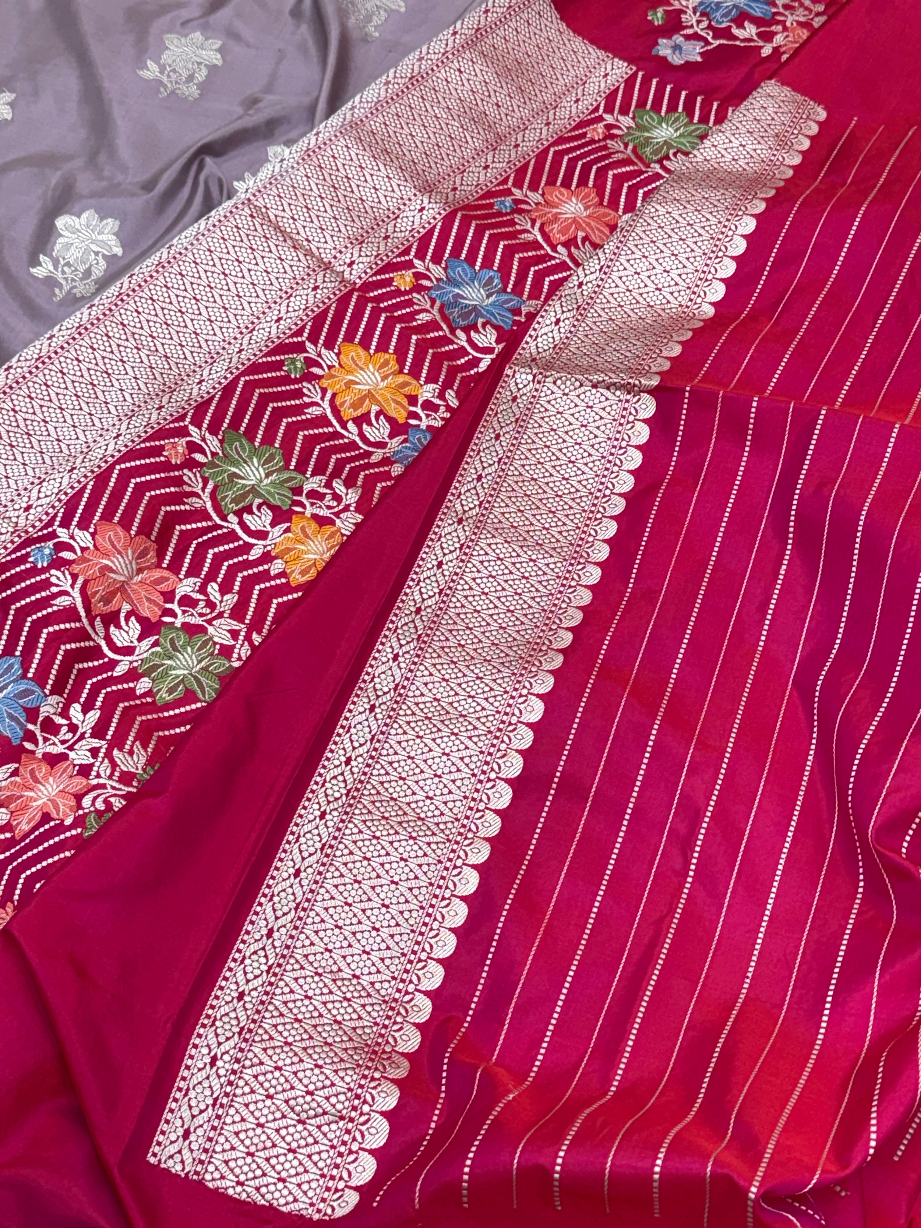 Gray Pure Mulberry Katan Silk Handwoven Banarasi Saree