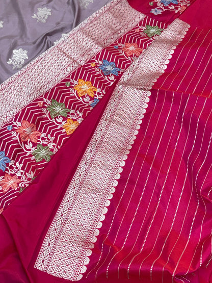 Gray Pure Mulberry Katan Silk Handwoven Banarasi Saree