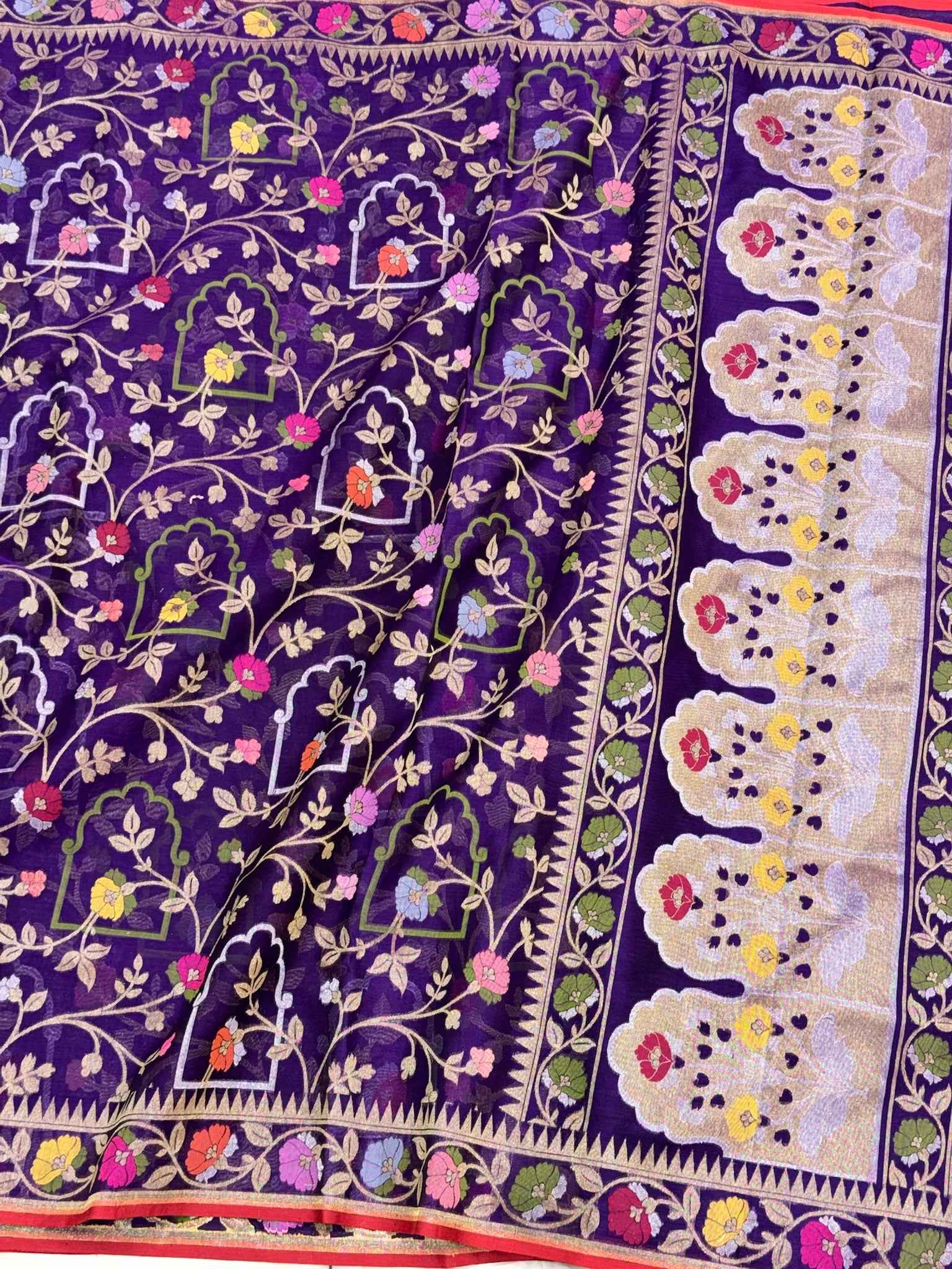 Purple Pure Kora Mulberry Silk Jamdani Banarasi Saree - Ektara Technique Handloom Banarasi Saree