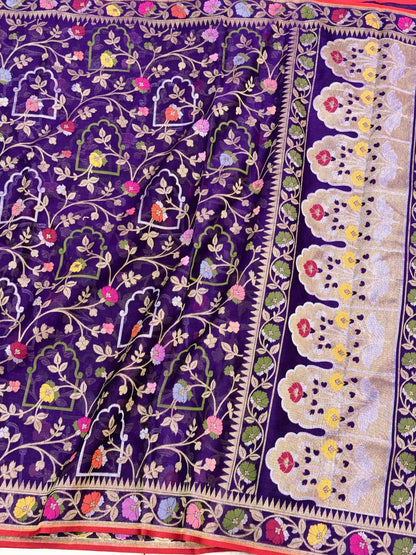 Purple Pure Kora Mulberry Silk Jamdani Banarasi Saree - Ektara Technique Handloom Banarasi Saree