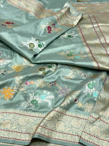 Dusty Sea Green Pure Double Katan Mulberry Silk | Kadhwa Technique | Handwoven Modern Authentic Banarasi Saree