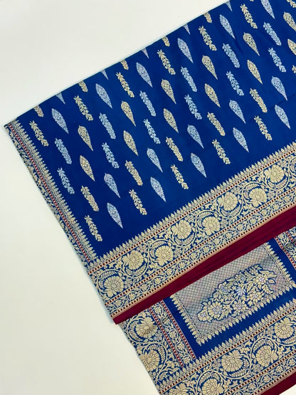 German Blue Pure Katan Silk Handwoven Saree