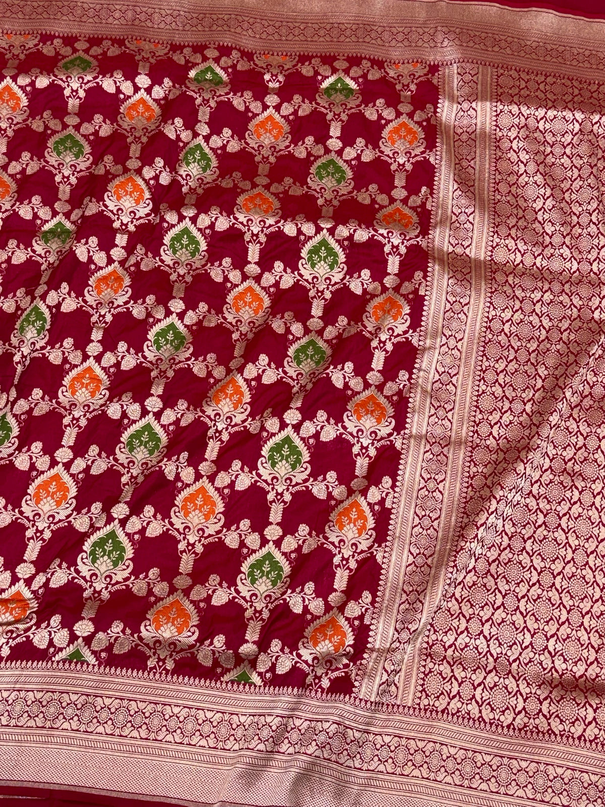Red Pure Katan Mulberry Silk Handloom Banarasi Meenakari Saree - Modern Jaal