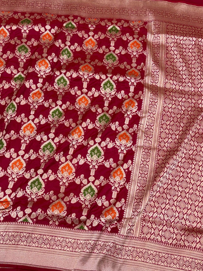 Red Pure Katan Mulberry Silk Handloom Banarasi Meenakari Saree - Modern Jaal