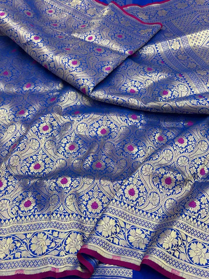 Blue Pure Katan Silk & Pure Mulberry Silk Handloom Banarasi Brocade Saree