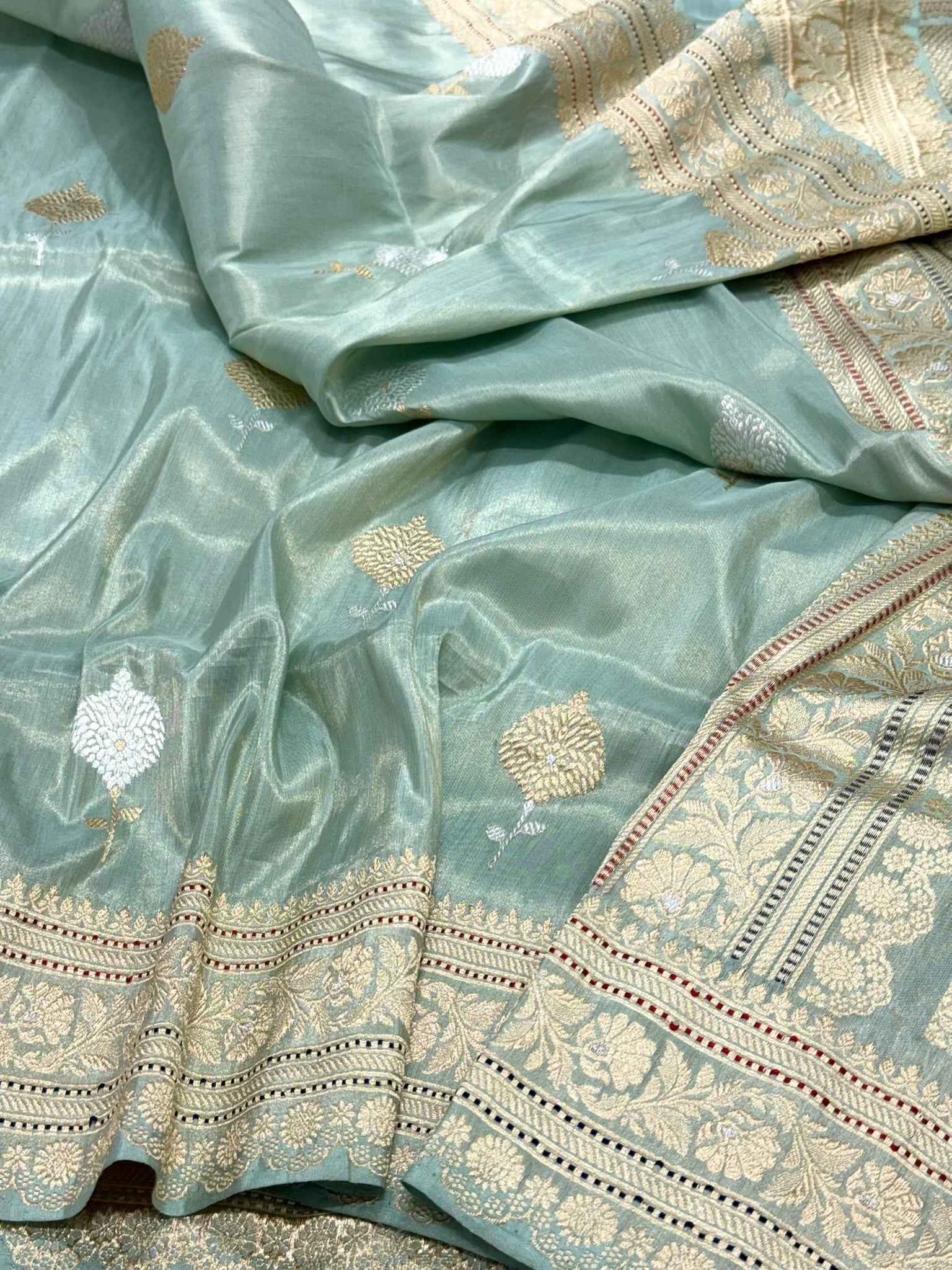 Pastel Aqua Green Handwoven | Kadhwa Technique | Pure Katan Tissue Silk Authentic Banarasi Saree