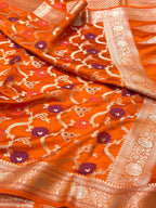 Orange Pure Mulberry Chiniya Silk Meenakari  Banarasi Saree- Lightweight