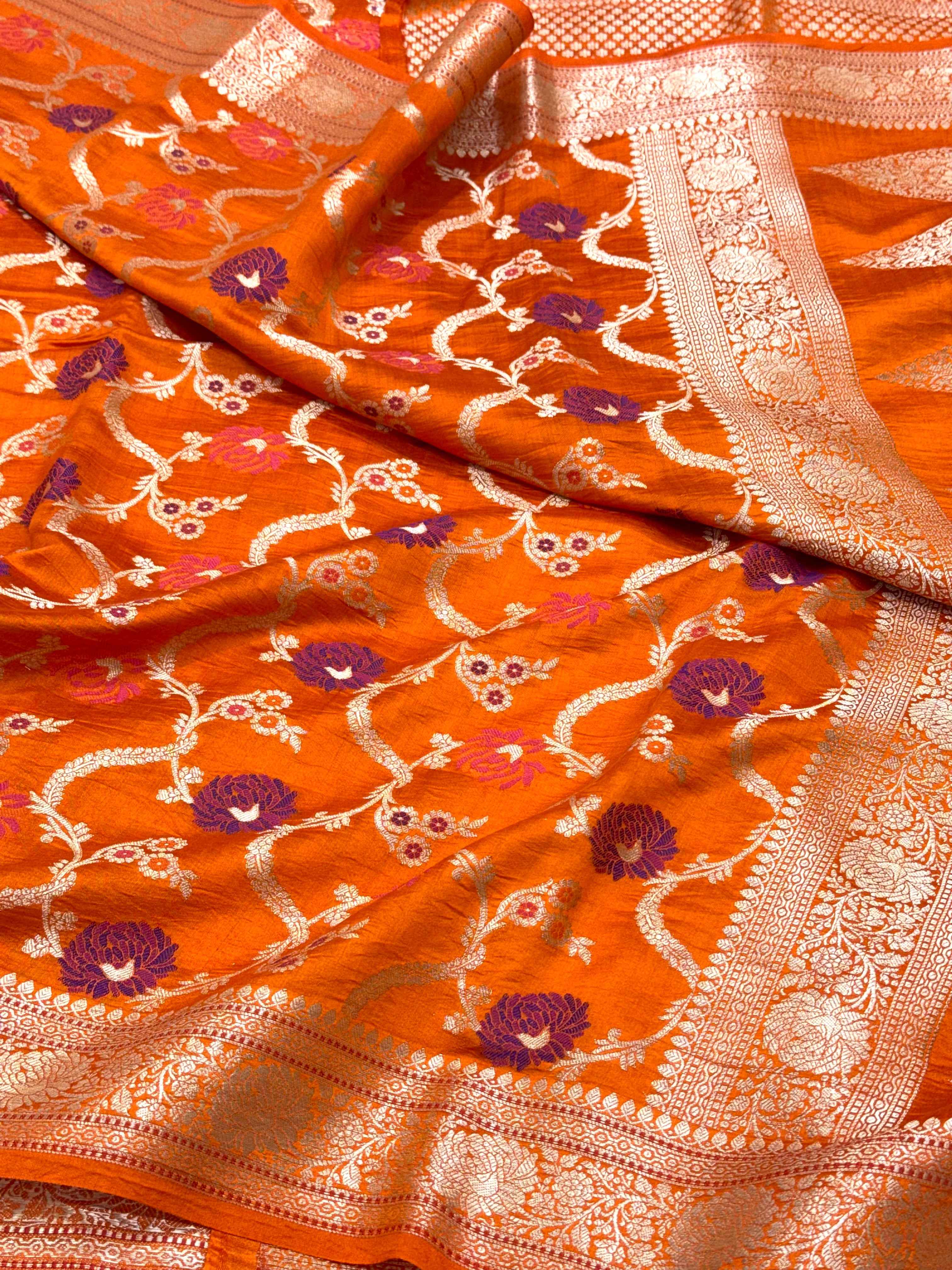 Orange Pure Mulberry Chiniya Silk Meenakari  Banarasi Saree- Lightweight