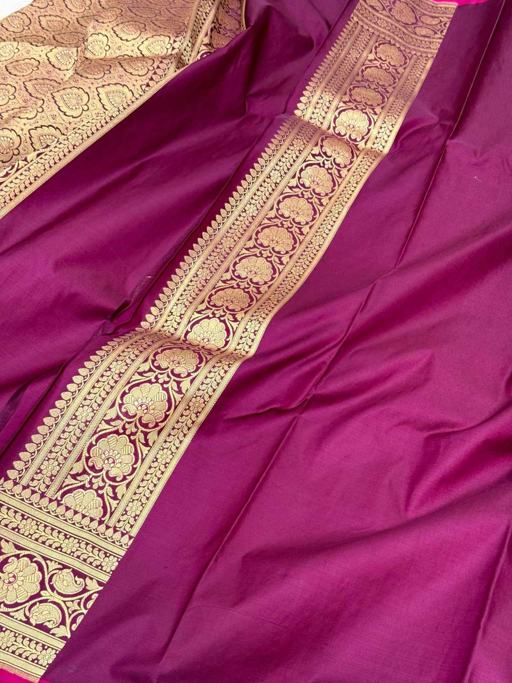 Dark Magenta Pure Satin Silk Handwoven Banarasi Saree