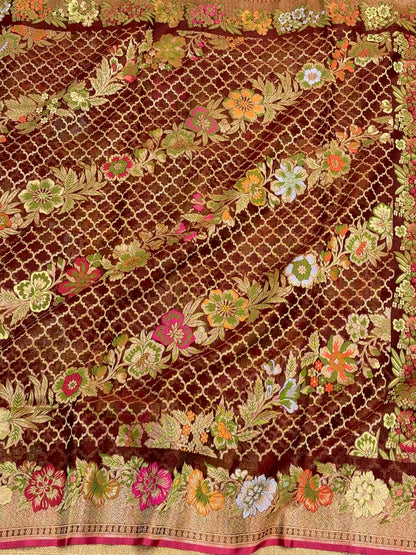 Brown Pure Mulberry Kora Silk Jamdani | Ektara Technique | Handloom Banarasi Saree - The New Classic