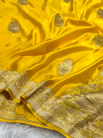 Lemon Yellow Pure Mashru Satin Silk Handwoven Banarasi Saree |Kadhuwa|