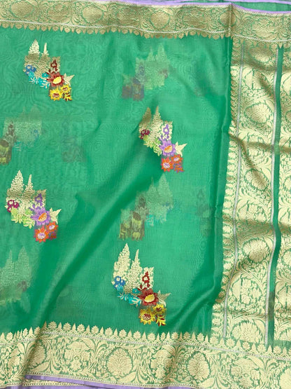Green Pure Kora Mulberry Silk Handwoven Banarasi Saree - Kadhwa Weave