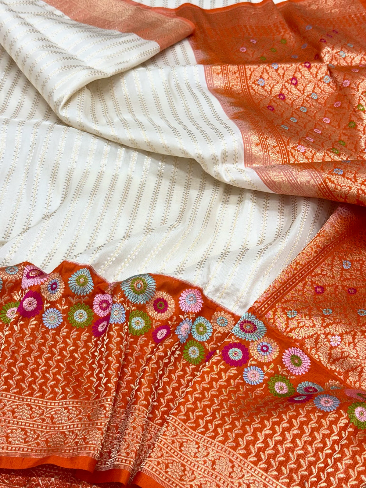 Off White Pure Katan Mulberry Handwoven Banarasi Saree | Kadhwa + Kadhiyal | The Couture Drape