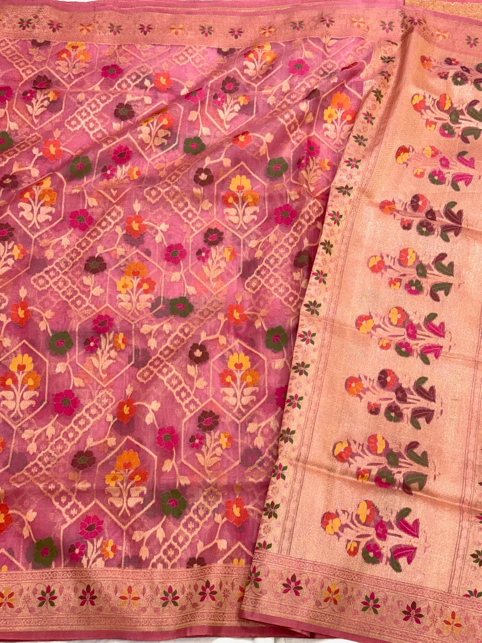 Pink Handloom Banarasi Ektara Weave Saree | Pure Mulberry Kora Silk ( Organza ) Jamdani Banarasi Saree