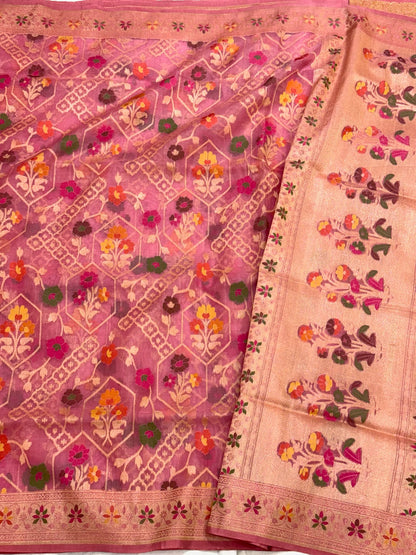 Pink Handloom Banarasi Ektara Weave Saree | Pure Mulberry Kora Silk ( Organza ) Jamdani Banarasi Saree