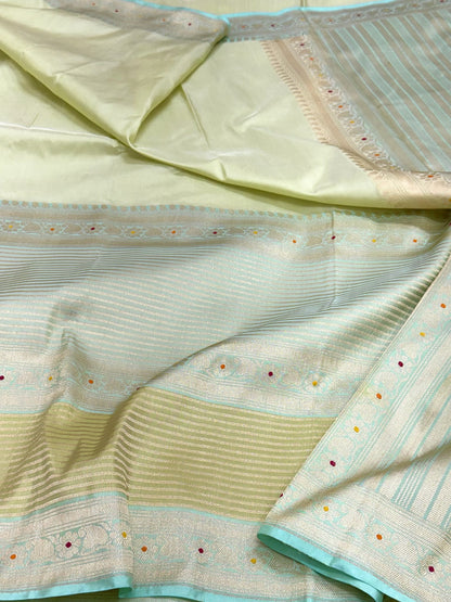 Light Pista Green Pure Mulberry Katan Silk Handwoven | Kadhwa Technique | Contemporary Banarasi Saree