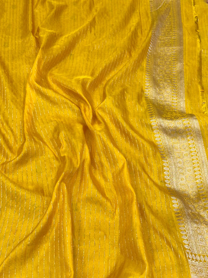 Lilac Pink/Mustard Yellow Pure Katan Mulberry Silk Handloom Banarasi Saree - The Modern Royal
