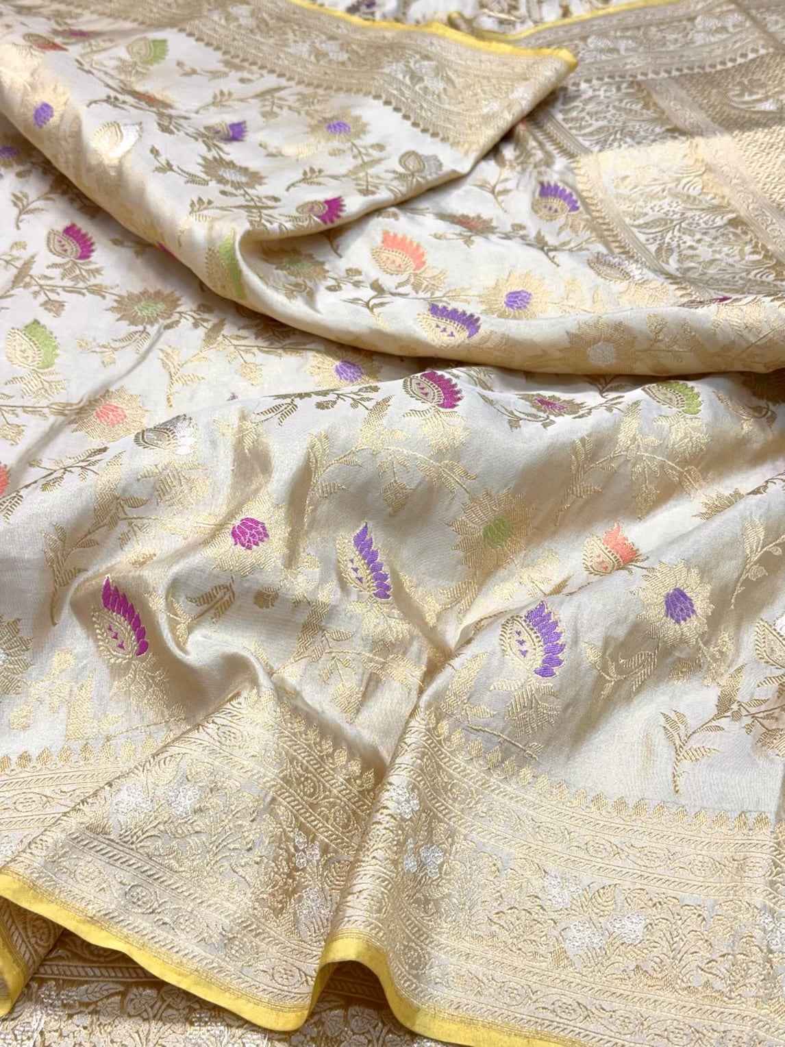 Ivory Pure Tissue Silk Saree - Pure Double Katan Silk | Kadhwa Technique | Handwoven Banarasi Silk Saree