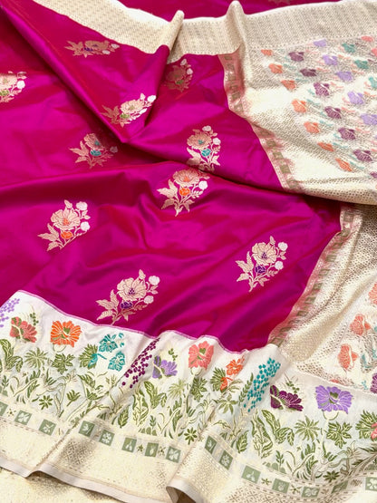 Rani Pink/Ivory Pure Katan Silk Saree | Kadhwa Technique | Pure Mulberry Silk Handwoven Banarasi Saree