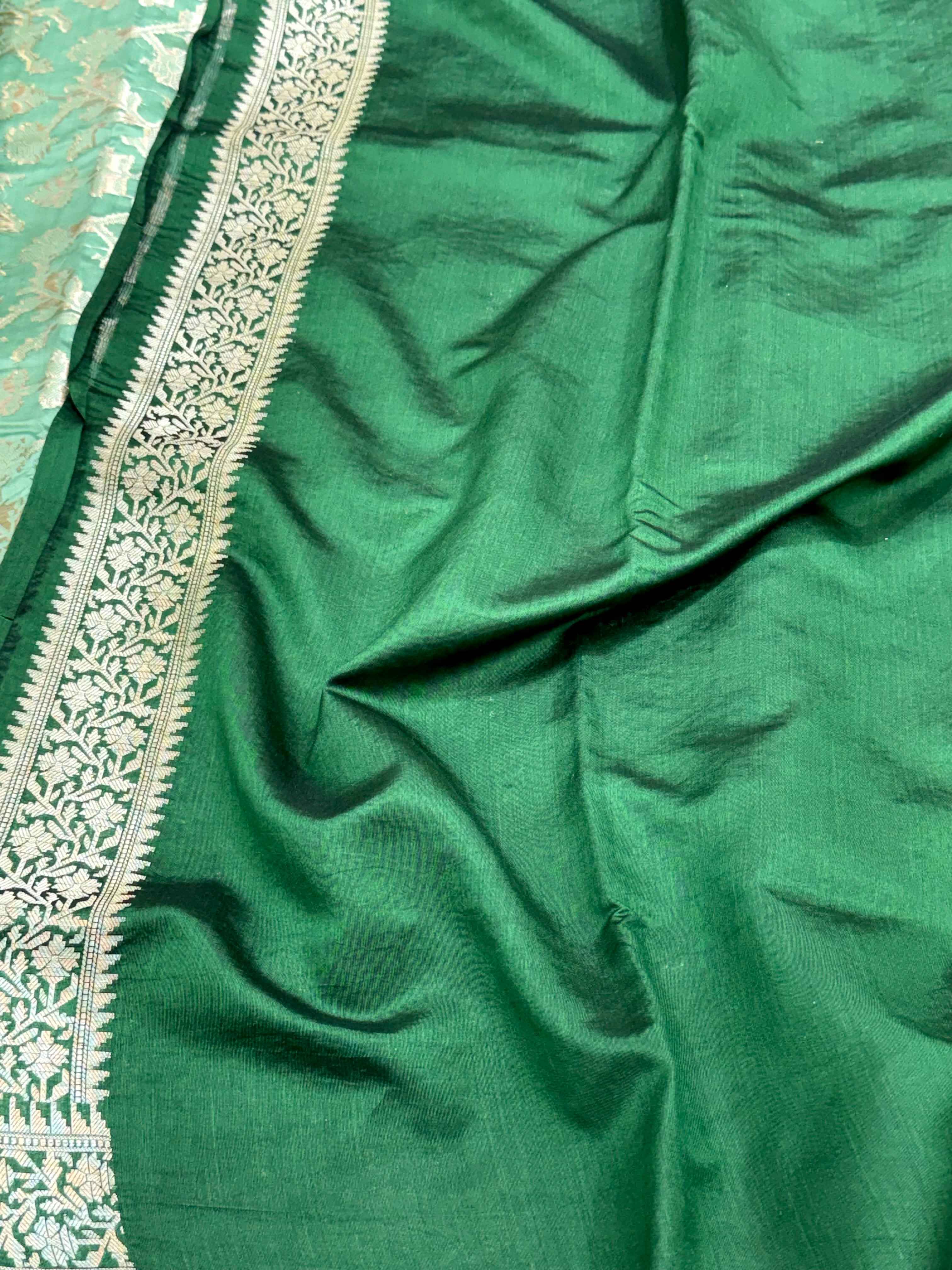 Sea Green Pure Mulberry Chiniya Silk Handloom Banarasi Saree - Soft Drape