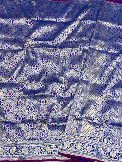 Blue Pure Katan Silk & Pure Mulberry Silk Handloom Banarasi Brocade Saree