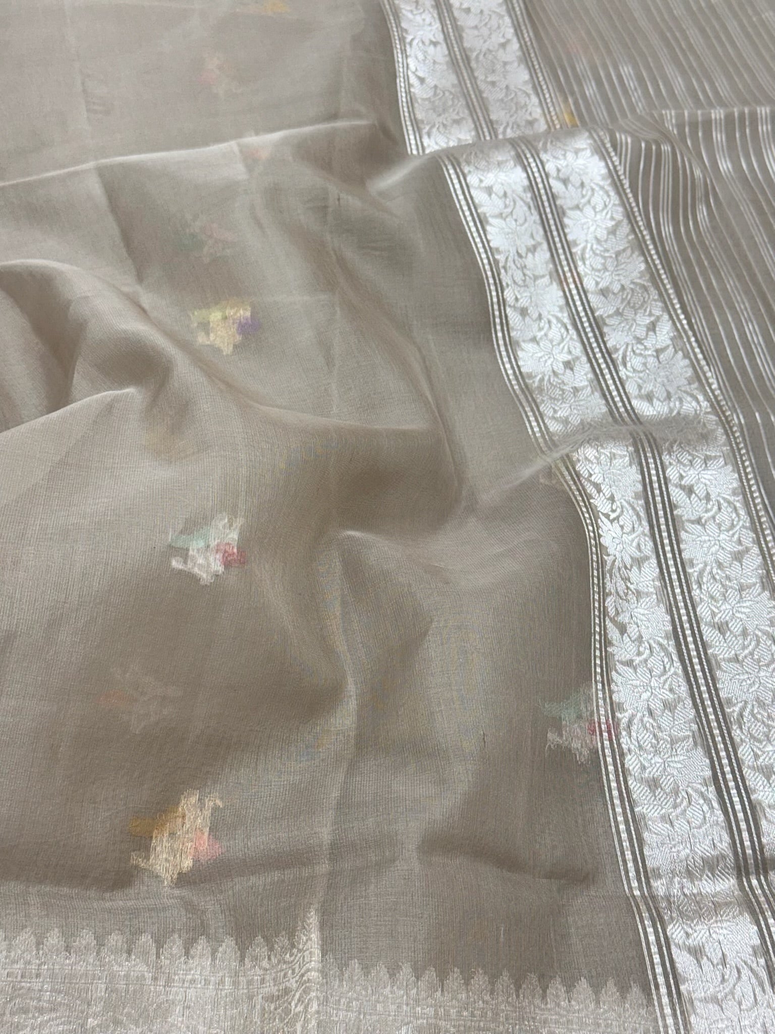 Warm Gray Pure Kora Mulberry Silk | Kadhwa Weave | Handwoven Banarasi Saree