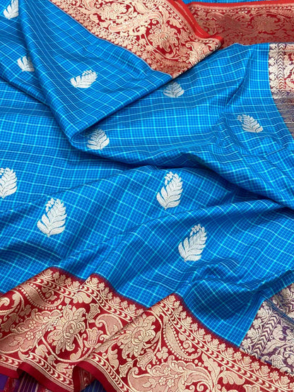 German Blue Handwoven Banarasi Checks Saree | Pure Mulberry Katan Silk - Contemporary Kadhwa Banarasi Saree