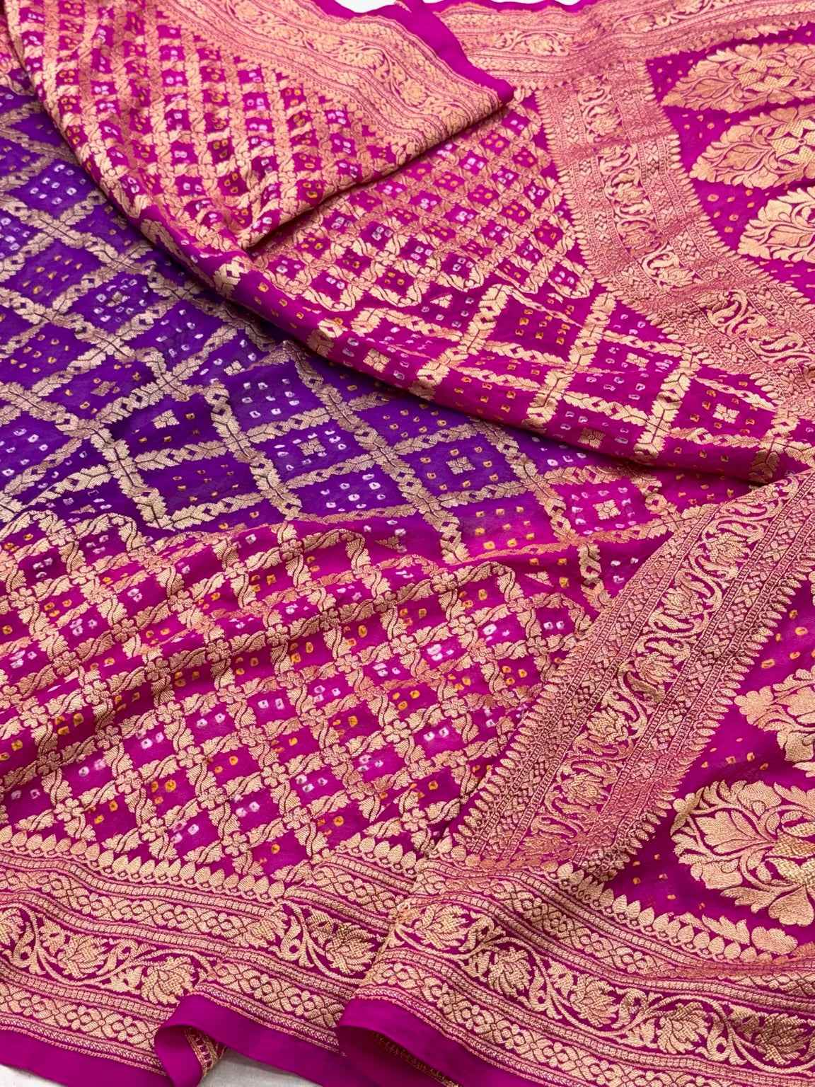 Rani Pink Pure Chiffon Georgette Soft Drape Lightweight Bandhej Saree | Handloom Banarasi Saree