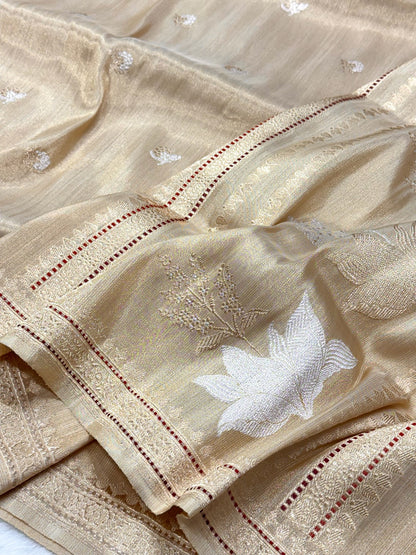 Beige Pure Katan Tissue Silk Handwoven Banarasi Saree |Ektara Weave|