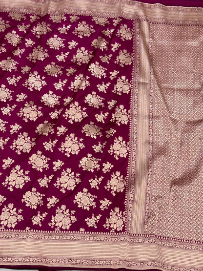 Wine Pure Mulberry Silk & Pure Katan Silk Handloom Banarasi Saree
