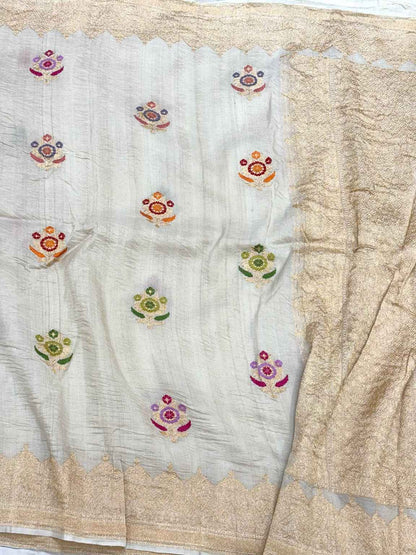 Ivory Pure Tussar Georgette Silk Handwoven Banarasi Saree With Kadhwa Weave