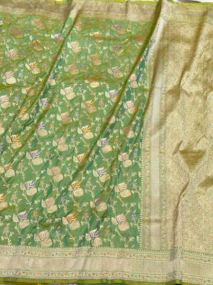 Pista Green Dual Tone Pure Mulberry Katan Silk Handloom Banarasi Saree - Authentic Banarasi Meenakari Saree