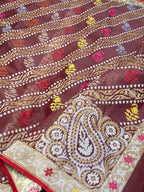 Fluorescent Pink Pure Kora Organza Silk Ektara Jamdani Handwoven Banarasi Saree