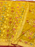 Mustard Yellow Handloom Ektara Banarasi Saree | Pure Muslin Cotton Jamdani Banarasi Saree