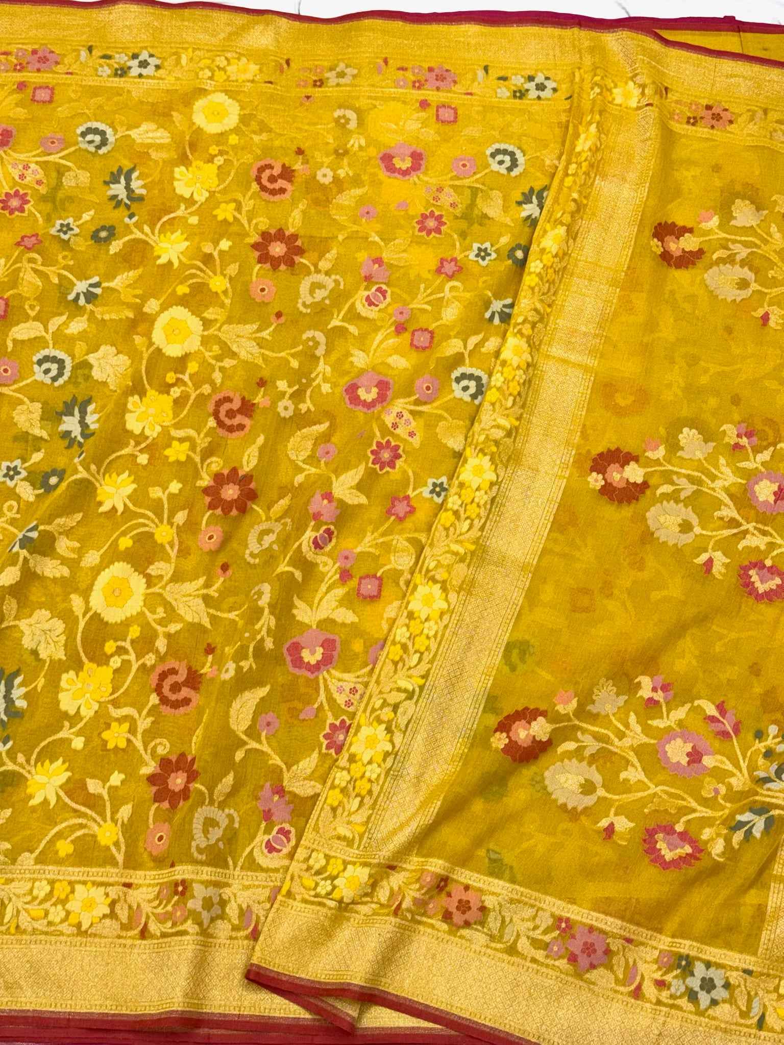 Mustard Yellow Handloom Ektara Banarasi Saree | Pure Muslin Cotton Jamdani Banarasi Saree