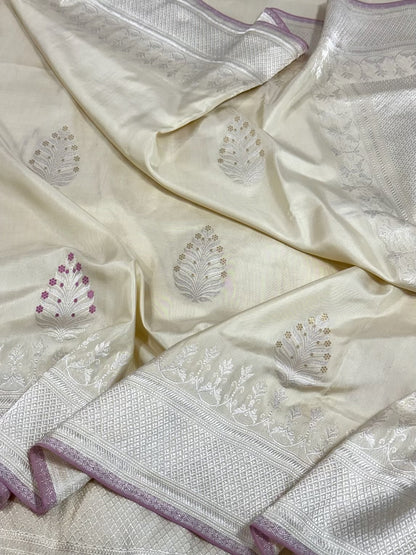 Ivory Pure Katan Silk Handwoven Banarasi Saree |Ektara Weave|