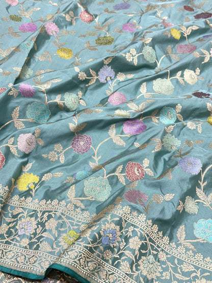 Dusty Blue Pure Double Katan Silk & Mulberry Silk | Kadhwa Weave | Handwoven  Authentic Banarasi Saree