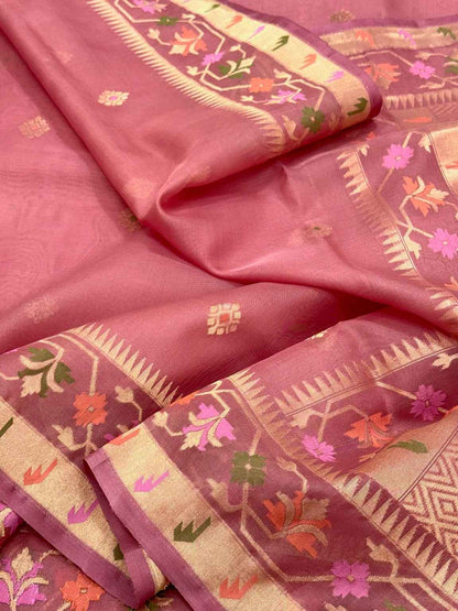 Mauve Pink 100% Pure Kora Silk Handwoven | Kadhwa Ektara Weave | Banarasi Saree