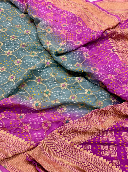 Green/Purple Pure Chiffone Georgette Handloom Bandhej Banarasi Saree - Lightweight Soft Saree