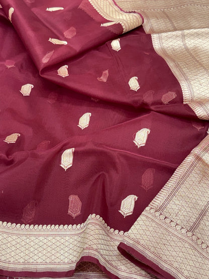 Wine Pure Kora Mulberry Silk Handwoven Banarasi Saree | Kadhwa Technique