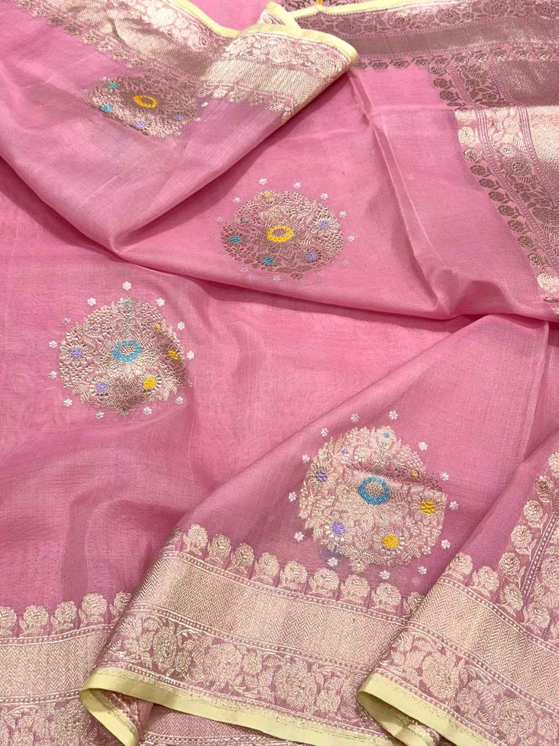 Onion Pink Pure Kora Mulberry Silk | Kadhwa Technique | Handwoven Lighweight Banarasi Saree