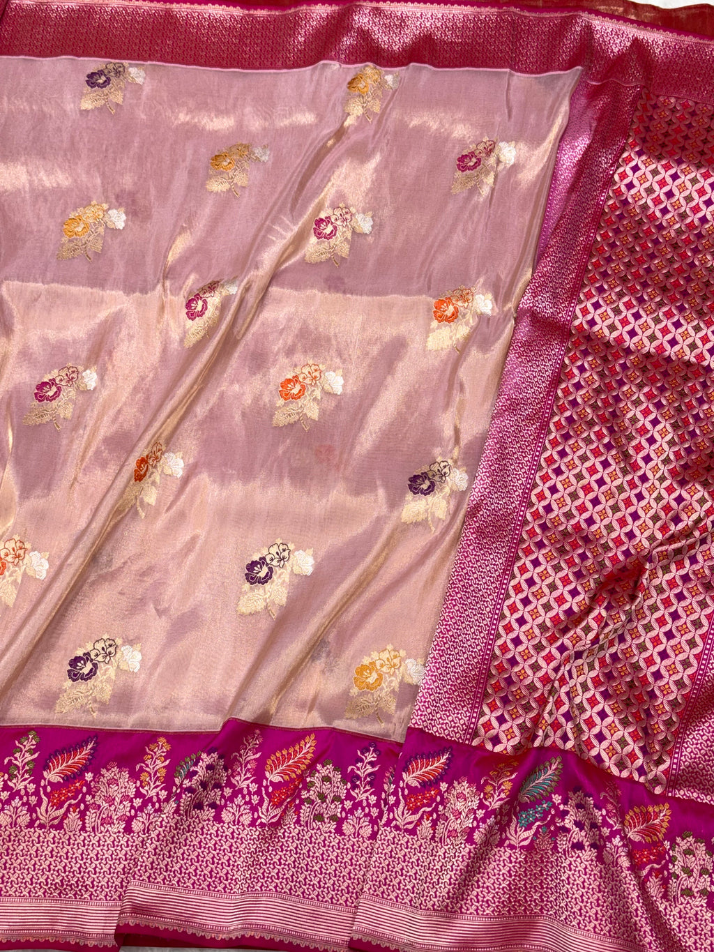Rose Gold Pure Kora Tissue Silk Handwoven Banarasi Saree
