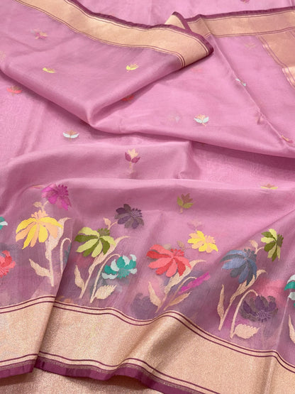 Powder Pink Pure Kora Mulberry Silk Handwoven Banarasi Saree | Kadhwa Weave Lightweight Saree